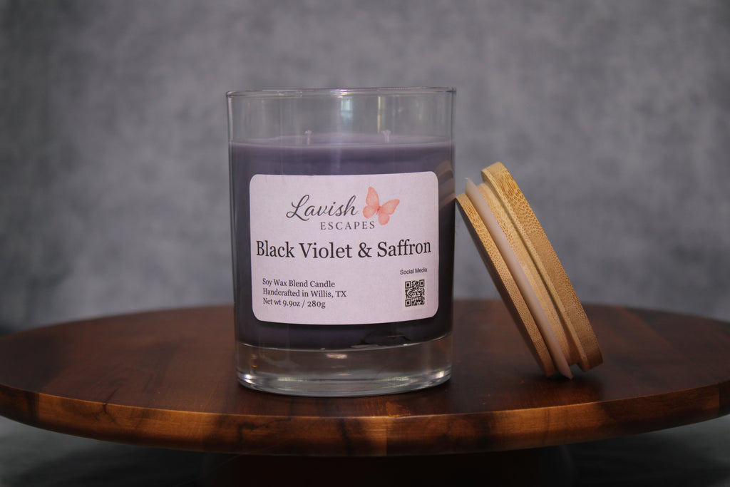 Black Violet & Saffron Candle | Reusable Bar Glass, Bold Floral Fragrance