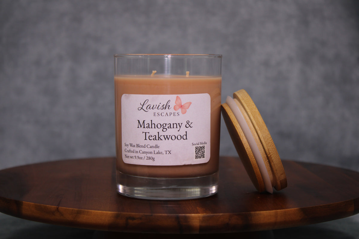 Mahogany & Teakwood Candle | Reusable Glass, Lavender and Cedar, Hand-Poured Texas Candle, Housewarming Gift