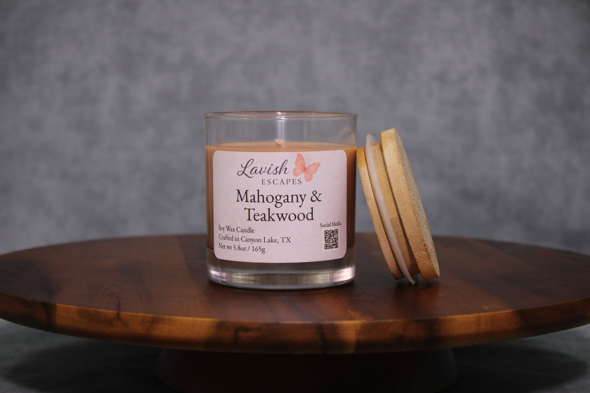 Mahogany & Teakwood Candle | Reusable Glass, Lavender and Cedar, Hand-Poured Texas Candle, Housewarming Gift