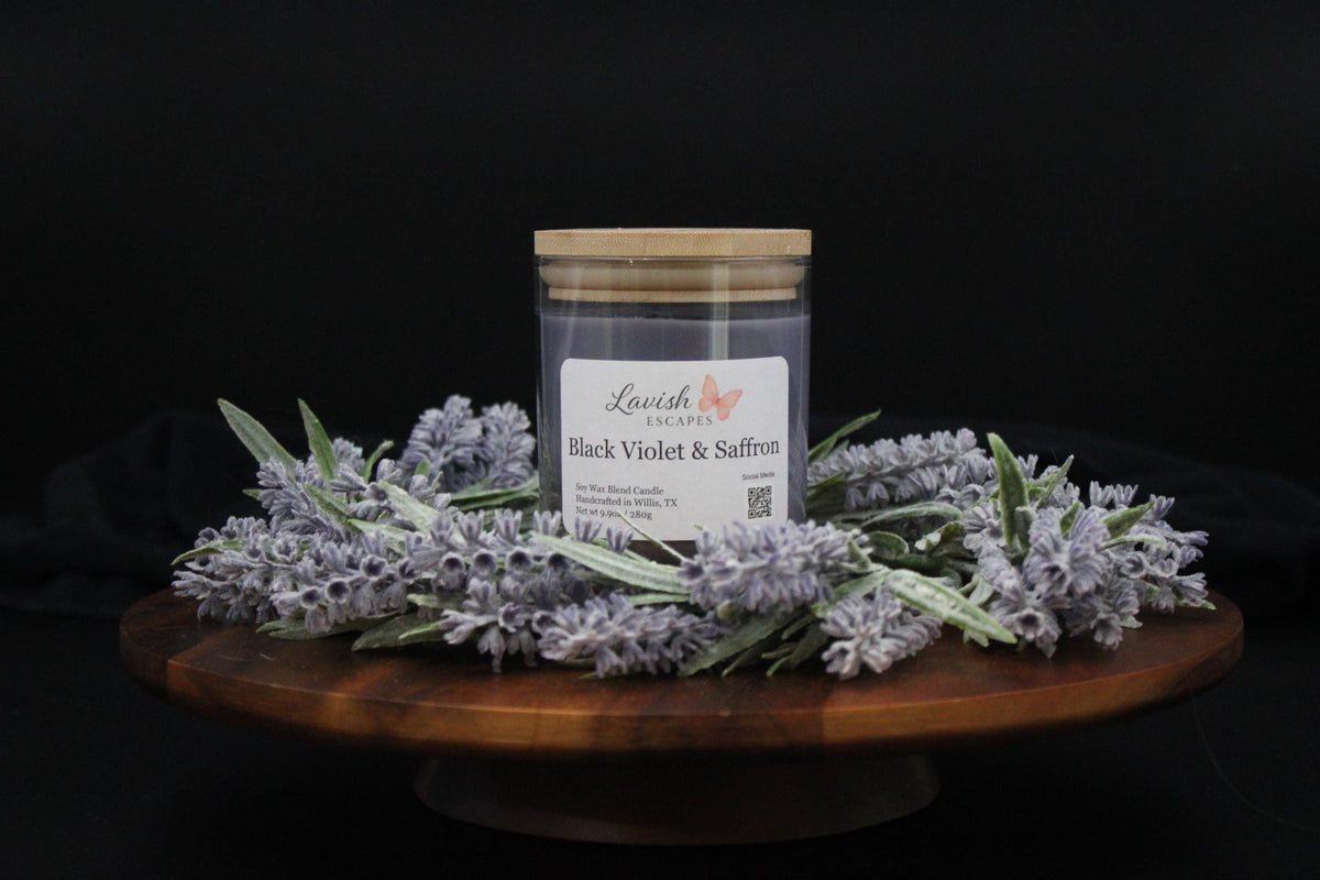 Black Violet & Saffron Candle | Reusable Bar Glass, Bold Floral Fragrance