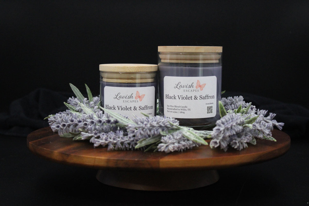 Black Violet & Saffron Candle | Reusable Bar Glass, Bold Floral Fragrance